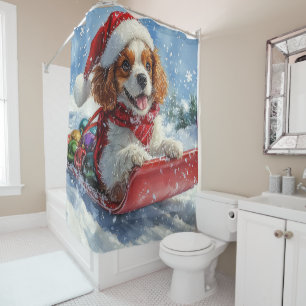 Cavalier King Charles Spaniel Dog Sledge Christmas Shower Curtain