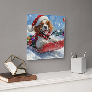 Cavalier King Charles Spaniel Dog Sledge Christmas Square Wall Clock
