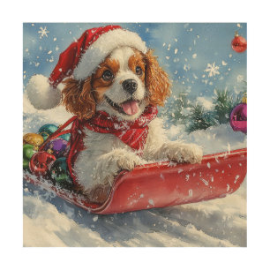 Cavalier King Charles Spaniel Dog Sledge Christmas Wood Wall Art