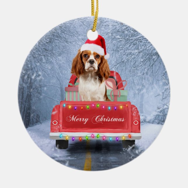 Cavalier King Charles Spaniel Dog Snow christmas Ceramic Ornament (Front)