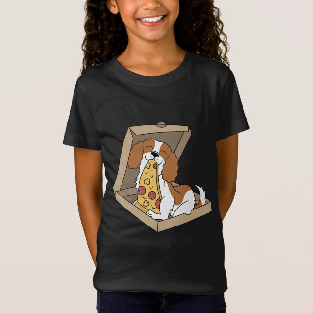 Cavalier King Charles Spaniel Eating Pizza Funny D T-Shirt (Front)