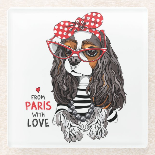 Cavalier King Charles Spaniel From Paris With Love Glass Coaster (Front)