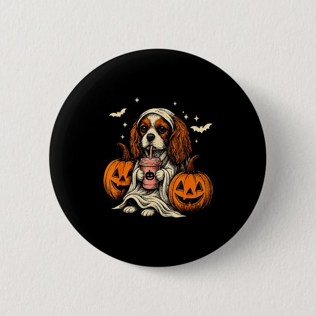 Cavalier King Charles Spaniel Ghost Halloween Cava Button (Front)