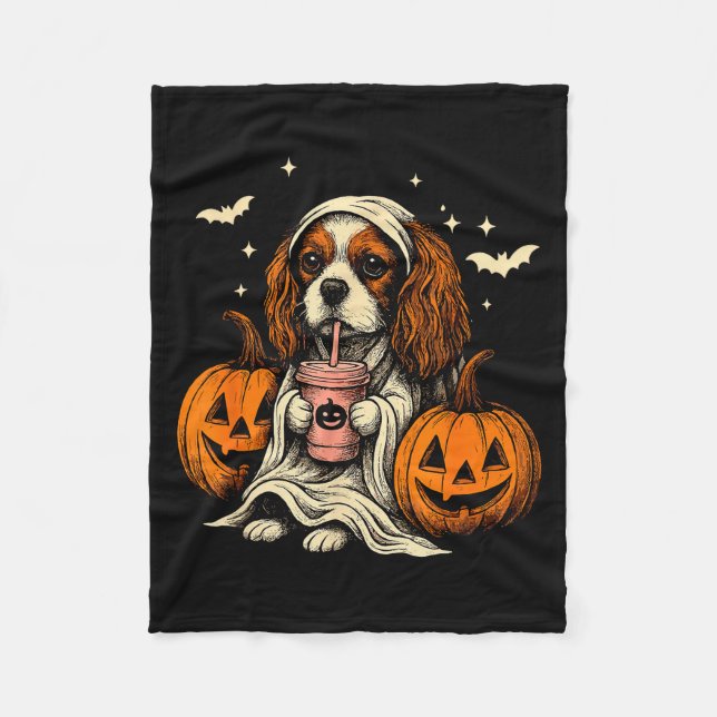 Cavalier King Charles Spaniel Ghost Halloween Cava Fleece Blanket (Front)