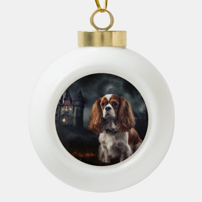 Cavalier King Charles Spaniel Halloween Scary Ceramic Ball Christmas Ornament (Front)