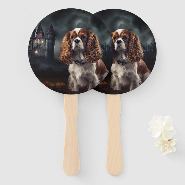 Cavalier King Charles Spaniel Halloween Scary Hand Fan (Front and Back)