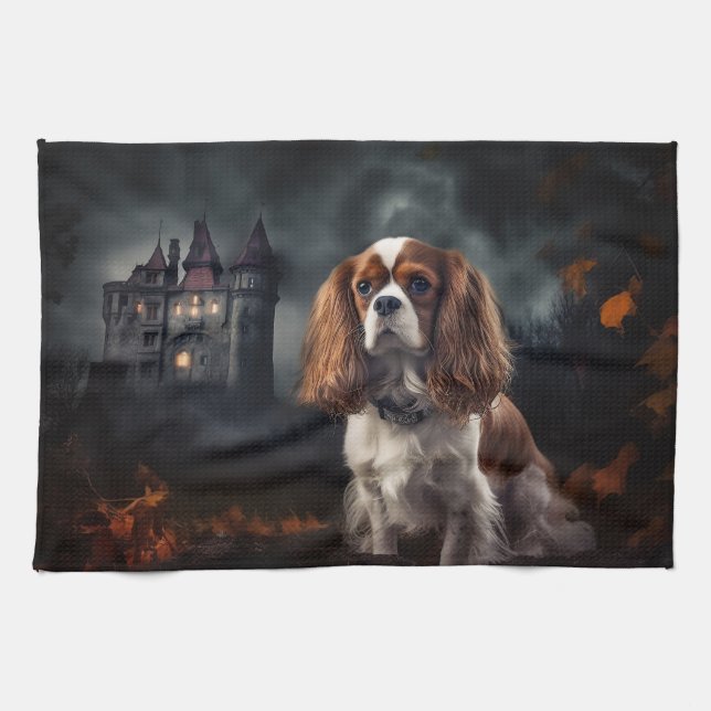 Cavalier King Charles Spaniel Halloween Scary Kitchen Towel (Horizontal)