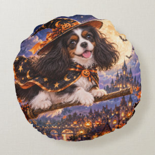 Cavalier King Charles Spaniel Halloween Witch Dog Round Pillow