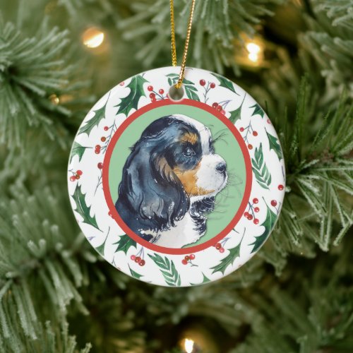 Cavalier King Charles Spaniel Holly Border Ceramic Ornament