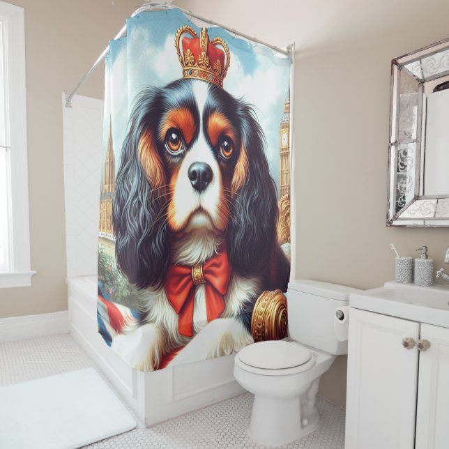 Cavalier King Charles Spaniel Illustration Shower Curtain (In Situ)