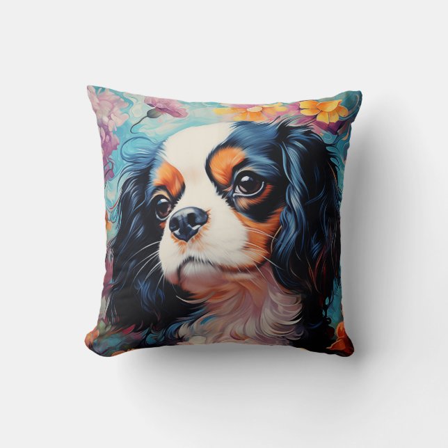 Cavalier King Charles Spaniel in flowers Throw Pillow (Front)