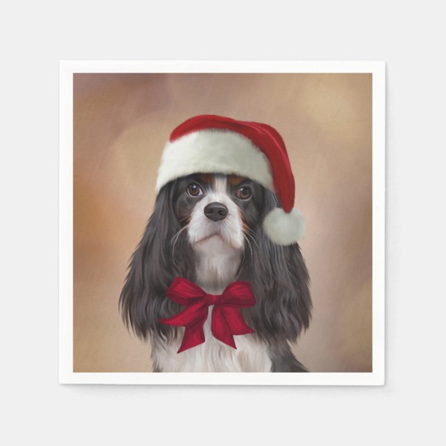 Cavalier King Charles Spaniel in red hat of Santa Napkins (Front)
