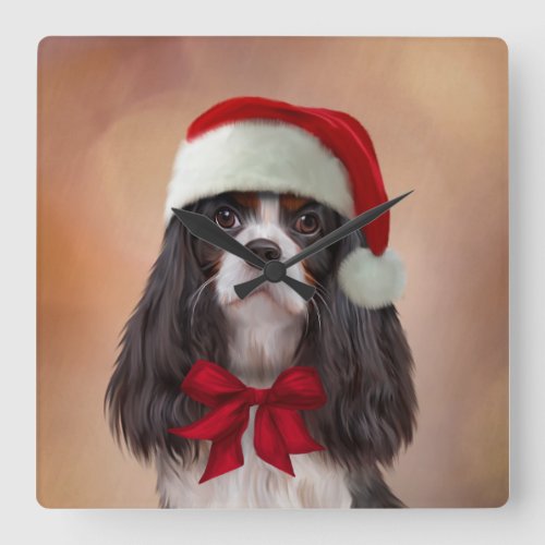 Cavalier King Charles Spaniel in red hat of Santa Square Wall Clock