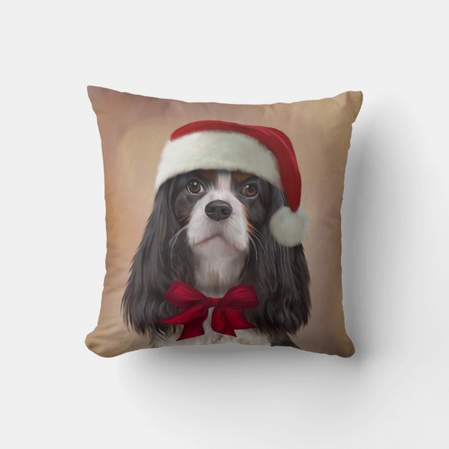 Cavalier King Charles Spaniel in red hat of Santa Throw Pillow (Front)