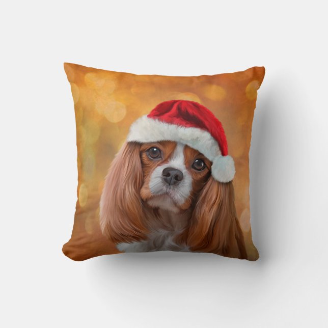 Cavalier King Charles Spaniel in red hat of Santa Throw Pillow (Front)