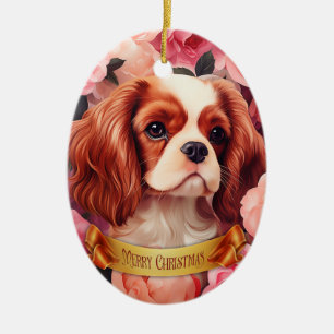 Cavalier King Charles Spaniel in Roses Ceramic Ornament