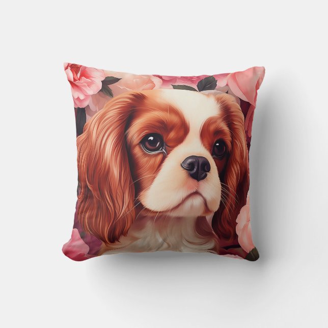Cavalier King Charles Spaniel in Roses Throw Pillow (Front)