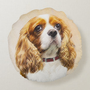 Cavalier King Charles Spaniel Original Painting Round Pillow