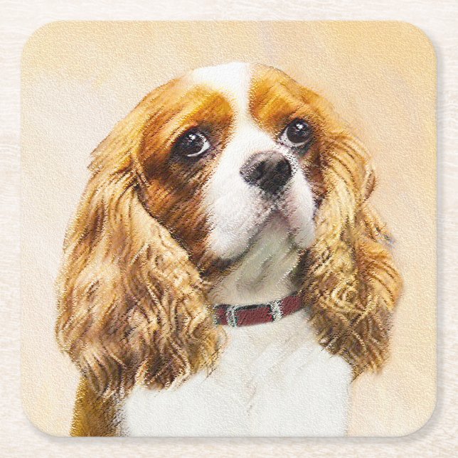 Cavalier King Charles Spaniel Original Painting Square Paper Coaster (Front)