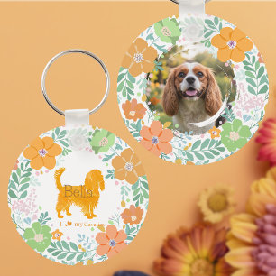 Cavalier King Charles Spaniel Pastel Orange Flower Keychain