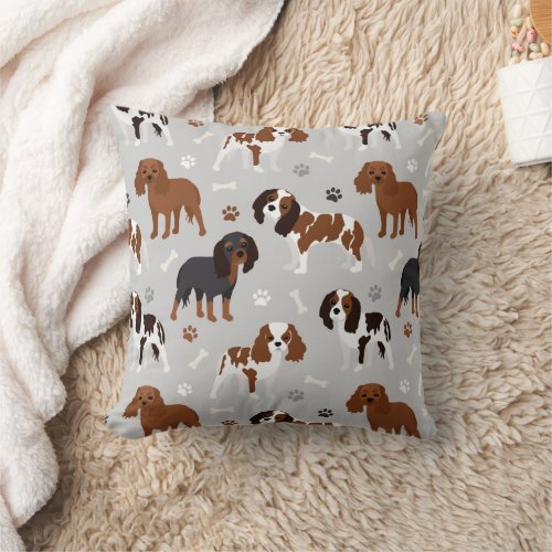 Cavalier King Charles Spaniel Paws and Bones Throw Pillow