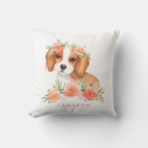 Cavalier King Charles Spaniel Peach Floral Nursery Throw Pillow