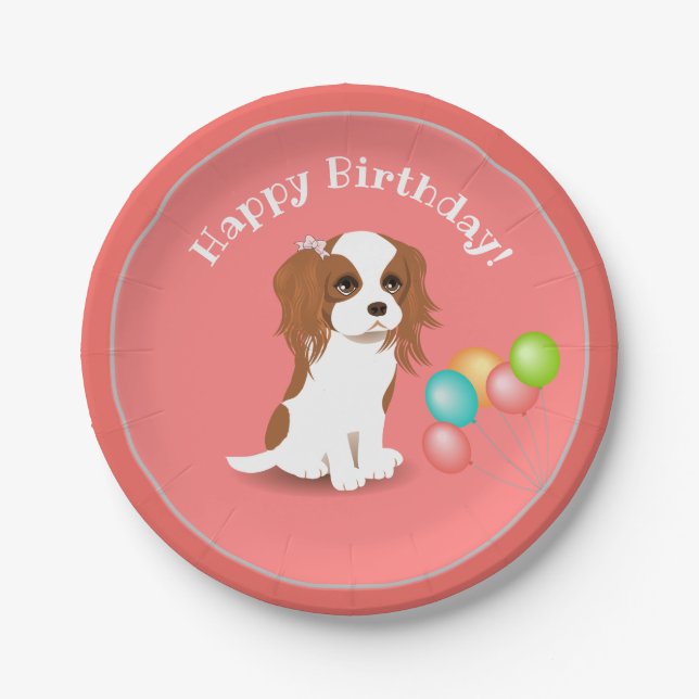 Cavalier King Charles Spaniel Pink Happy Birthday  Paper Plates (Front)