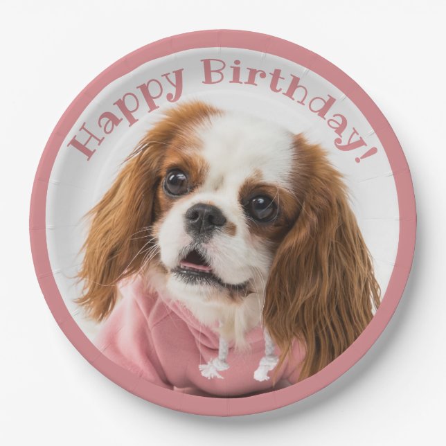 Cavalier King Charles Spaniel Pink Happy Birthday Paper Plates (Front)