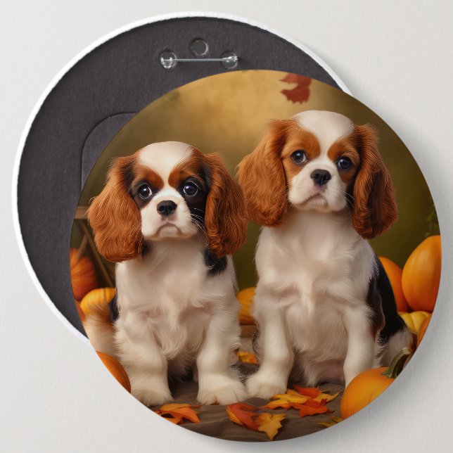 Cavalier King Charles Spaniel Puppy Autumn Pumpkin Button (Front & Back)