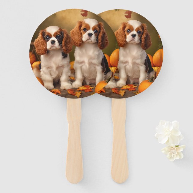 Cavalier King Charles Spaniel Puppy Autumn Pumpkin Hand Fan (Front and Back)