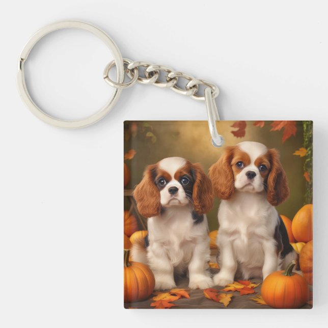 Cavalier King Charles Spaniel Puppy Autumn Pumpkin Keychain (Front)