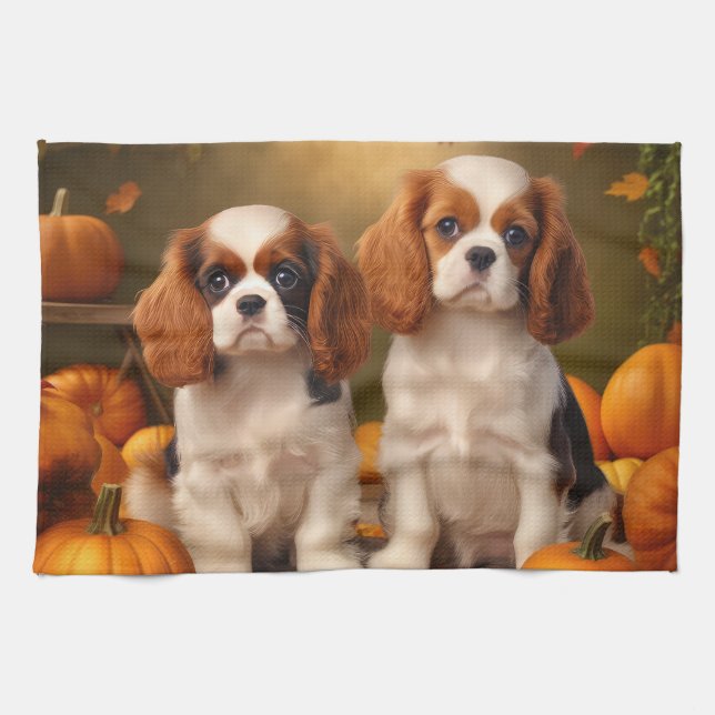 Cavalier King Charles Spaniel Puppy Autumn Pumpkin Kitchen Towel (Horizontal)