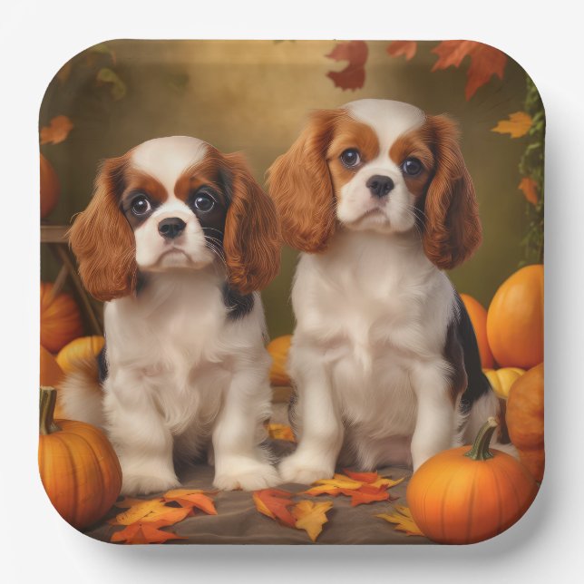 Cavalier King Charles Spaniel Puppy Autumn Pumpkin Paper Plates (Front)
