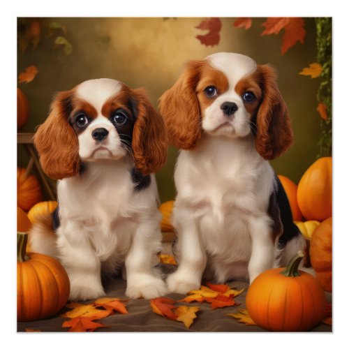 Cavalier King Charles Spaniel Puppy Autumn Pumpkin Poster