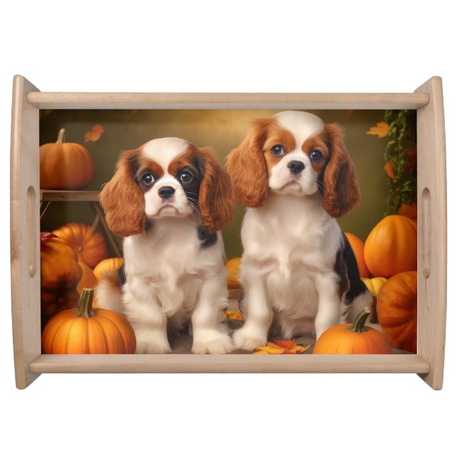 Cavalier King Charles Spaniel Puppy Autumn Pumpkin Serving Tray (Front)