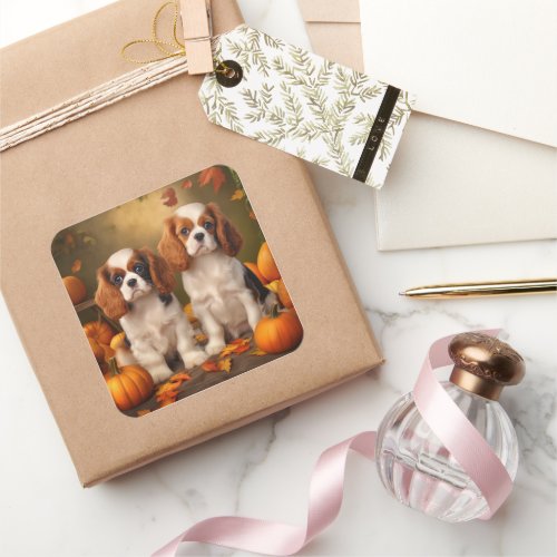 Cavalier King Charles Spaniel Puppy Autumn Pumpkin Square Sticker