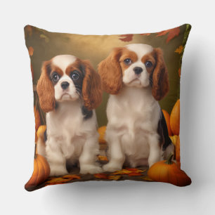 Cavalier King Charles Spaniel Puppy Autumn Pumpkin Throw Pillow