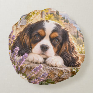 Cavalier King Charles Spaniel Puppy in Lavender Ga Round Pillow