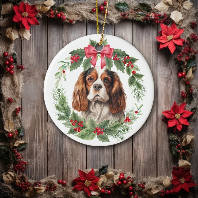 Cavalier King Charles Spaniel Red Bow Holly Wreath Ceramic Ornament (Creator Uploaded)