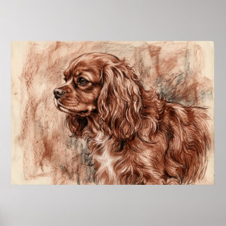 Cavalier King Charles Spaniel Sanguine Sketch Post Poster