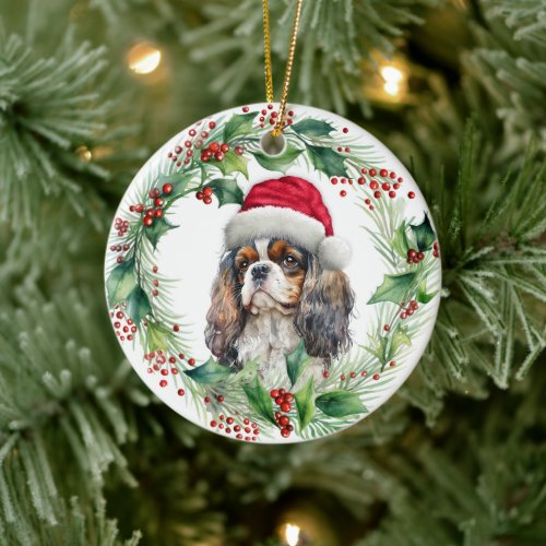 Cavalier King Charles Spaniel Santa Wreath Ceramic Ornament