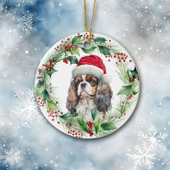Cavalier King Charles Spaniel Santa Wreath Ceramic Ornament (Creator Uploaded)