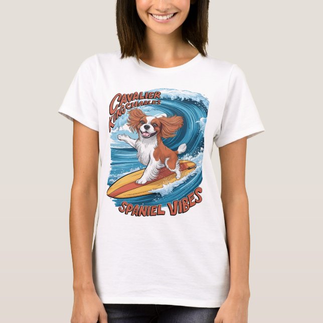 Cavalier King Charles Spaniel Shreds Wave Surfing T-Shirt (Front)