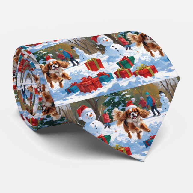 Cavalier King Charles Spaniel Snow with Christmas  Neck Tie (Rolled)