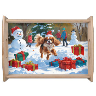 Cavalier King Charles Spaniel Snow with Christmas  Serving Tray
