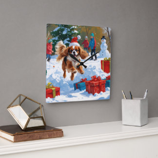 Cavalier King Charles Spaniel Snow with Christmas  Square Wall Clock