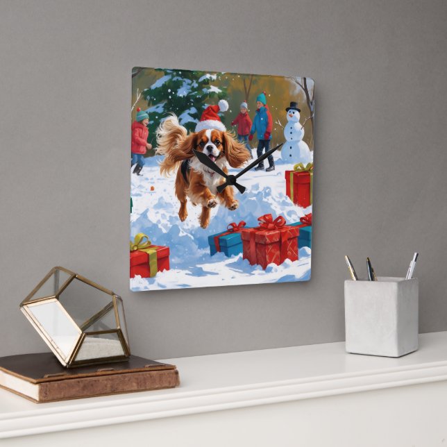 Cavalier King Charles Spaniel Snow with Christmas  Square Wall Clock (Office)