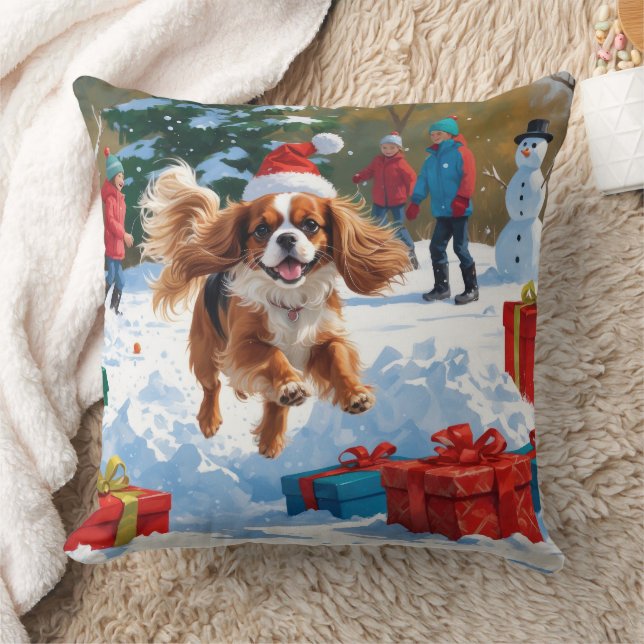 Cavalier King Charles Spaniel Snow with Christmas  Throw Pillow (Blanket)