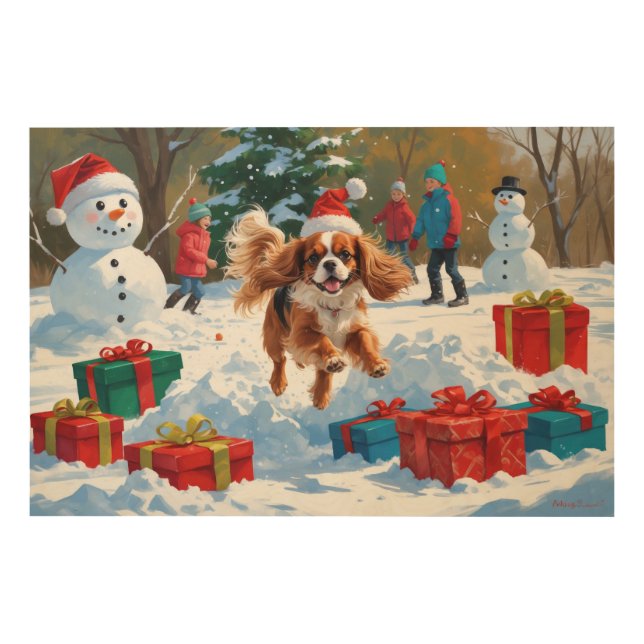 Cavalier King Charles Spaniel Snow with Christmas  Wood Wall Art (Front)