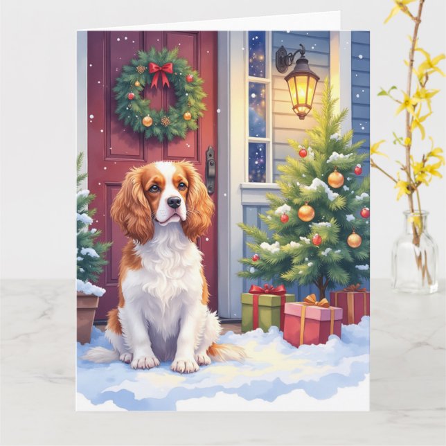 Cavalier King Charles Spaniel Snowy Christmas Card (Yellow Flower)